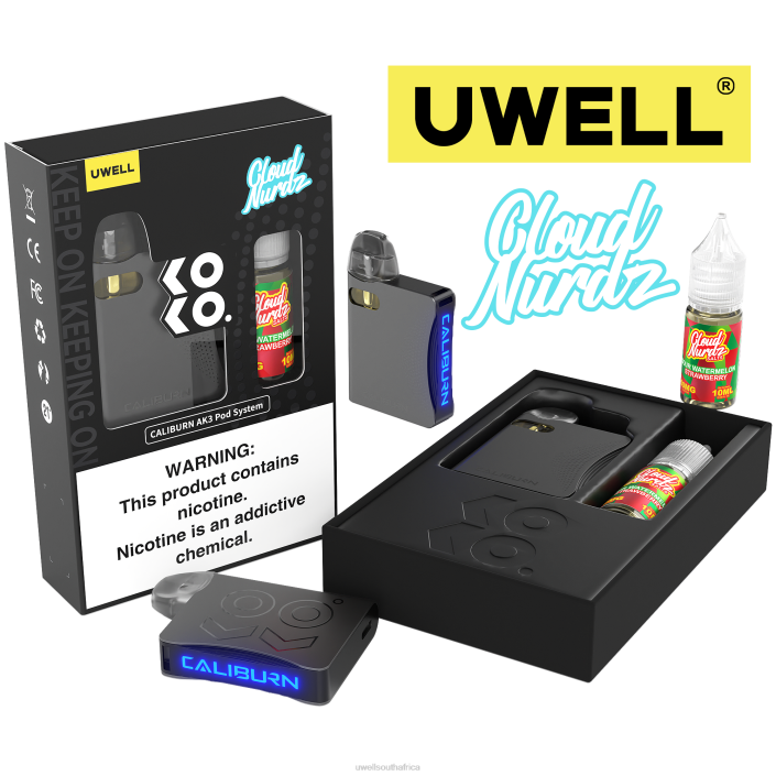 UWELL Cape Town - UWELL CALIBURN AK3 KIT + A3S 0.8OHM PODS (X2) + DADDY'S VAPOR 10ML SALTS 50MG CRL: Grey/FLV: Sour Watermelon Strawberry 50mg X842T240