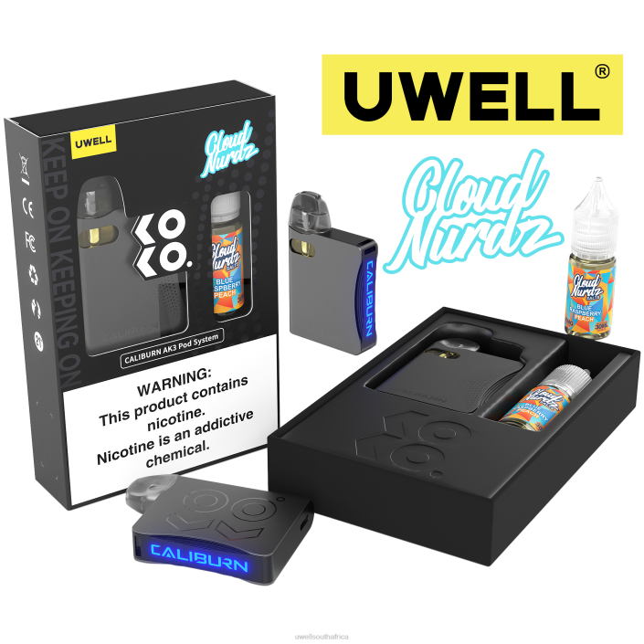 UWELL South Africa - UWELL CALIBURN AK3 KIT + A3S 0.8OHM PODS (X2) + DADDY'S VAPOR 10ML SALTS 50MG CRL: Grey/FLV: Blue Raspberry Peach X842T247